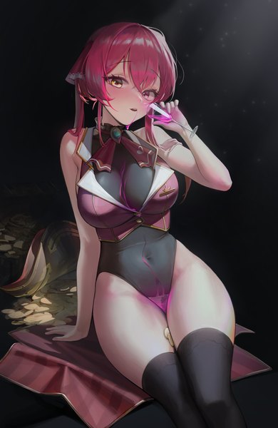 Anime picture 2480x3813 with virtual youtuber hololive houshou marine dong ji single long hair tall image looking at viewer blush fringe highres breasts open mouth light erotic simple background hair between eyes red eyes large breasts sitting twintails