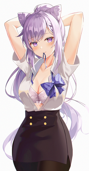 Anime picture 1028x1966 with genshin impact keqing (genshin impact) hyonee single long hair tall image looking at viewer blush fringe breasts light erotic simple background smile large breasts white background purple eyes holding payot cleavage purple hair