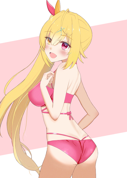 Anime picture 2122x2976 with virtual youtuber nijisanji hoshikawa sara melow menow single tall image blush fringe highres breasts open mouth light erotic simple background blonde hair smile hair between eyes large breasts standing bare shoulders yellow eyes