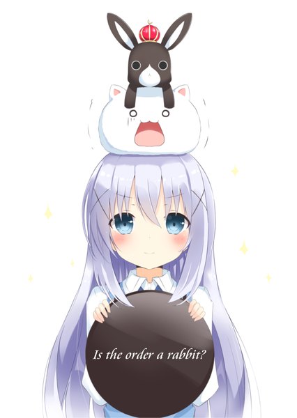 Anime picture 1488x2098 with gochuumon wa usagi desu ka? white fox kafuu chino tippy (gochiusa) anko (gochiusa) fuu (fuore) single long hair tall image looking at viewer blush fringe open mouth simple background smile standing white background holding payot purple hair