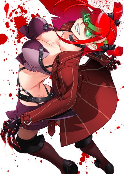 Anime picture 713x1000 with triage x konomi suzue satou shouji single long hair tall image light erotic twintails green eyes cleavage red hair looking back short twintails crazy smile girl gloves earrings miniskirt glasses belt
