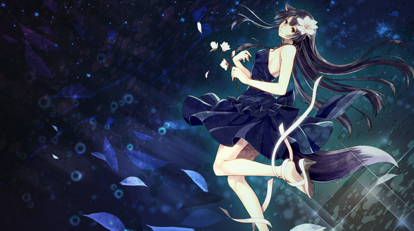 Anime picture 2000x1119 with utau toudou charo single long hair looking at viewer highres black hair wide image brown eyes animal ears tail animal tail hair flower dark background girl dress hair ornament flower (flowers) petals sandals