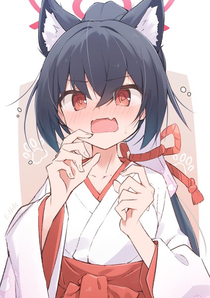 Anime-Bild 2480x3508 mit blue archive serika (blue archive) serika (new year) (blue archive) e-note single long hair tall image blush fringe highres black hair hair between eyes red eyes animal ears upper body ponytail traditional clothes japanese clothes fang (fangs) embarrassed