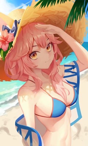 Anime picture 3000x5003 with fate (series) fate/grand order tamamo (fate) (all) tamamo no mae (swimsuit lancer) (fate) re-leaf single long hair tall image looking at viewer highres breasts smile yellow eyes pink hair upper body from above beach salute girl swimsuit