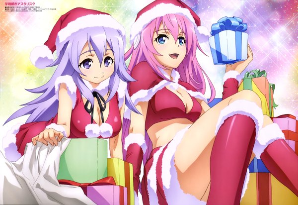 Anime picture 5944x4087 with gakusen toshi asterisk animedia julis-alexia van riessfeld toudou kirin ajiki kei long hair highres open mouth blue eyes smile multiple girls pink hair absurdres purple hair official art fur trim christmas girl 2 girls hat