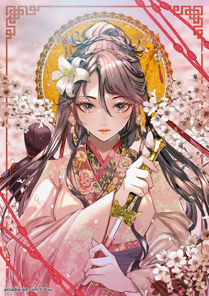 Anime picture 1200x1697 with original yuu (arcadia) single long hair tall image looking at viewer brown hair brown eyes upper body traditional clothes hair flower cherry blossoms framed unsheathing girl flower (flowers) weapon earrings petals sword