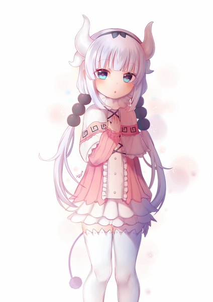 Anime picture 1240x1753 with kobayashi-san chi no maidragon kyoto animation kanna kamui egg (rxlal) single long hair tall image looking at viewer fringe simple background standing white background twintails payot silver hair tail blunt bangs long sleeves animal tail horn (horns)