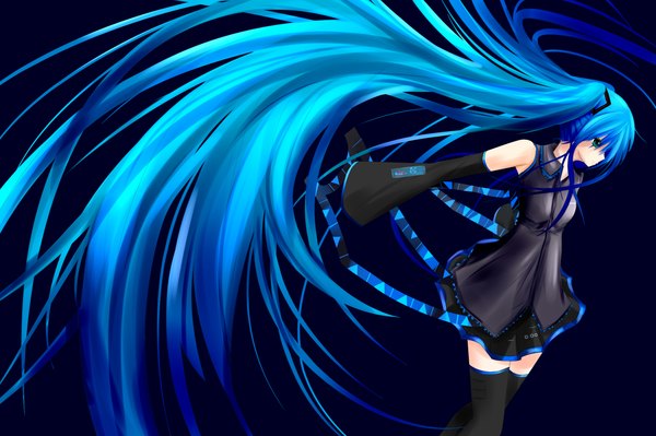 Anime picture 2362x1574 with vocaloid hatsune miku kitamuraeri (artist) single long hair highres simple background green eyes blue hair very long hair profile blue background girl thighhighs detached sleeves