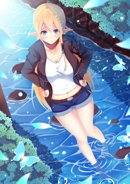 Anime picture 1273x1800 with gate - jieitai ka no chi nite kaku tatakaeri a-1 pictures tuka luna marceau otono fei single long hair tall image looking at viewer blush fringe breasts blue eyes blonde hair large breasts standing cleavage parted lips barefoot from above sunlight