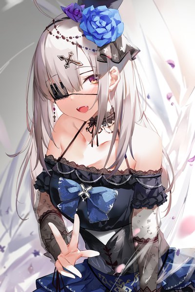 Anime picture 1000x1500 with virtual youtuber nijisanji sukoya kana suzuame yatsumi single long hair tall image looking at viewer blush fringe breasts open mouth hair between eyes standing bare shoulders brown eyes payot silver hair upper body ahoge