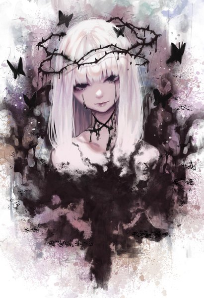 Anime picture 998x1455 with original doku-chan (dokkudokudoku) single long hair tall image looking at viewer fringe bare shoulders upper body white hair blunt bangs head tilt lips black eyes portrait crying injury abstract girl insect