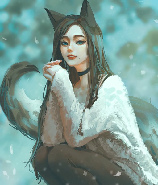 Anime picture 1000x1172 with original nixeu single long hair tall image looking at viewer fringe blue eyes black hair sitting animal ears outdoors tail long sleeves parted lips animal tail lips blurry realistic mole
