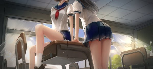 Anime picture 1200x543 with original kikivi long hair short hair black hair wide image multiple girls head out of frame no face girl skirt uniform 2 girls socks serafuku white socks desk