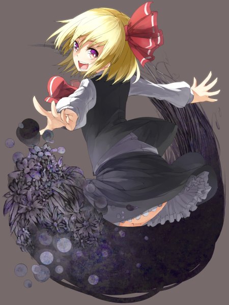 Anime picture 900x1200 with touhou rumia ibuki notsu single tall image looking at viewer short hair open mouth simple background blonde hair purple eyes grey background magic spread arms girl flower (flowers) bow hair bow