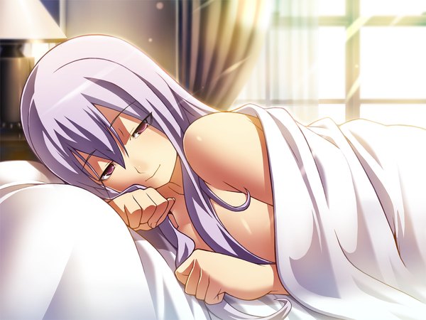 Anime picture 1024x768 with hotel (game) single long hair looking at viewer light erotic purple eyes game cg lying grey hair girl window
