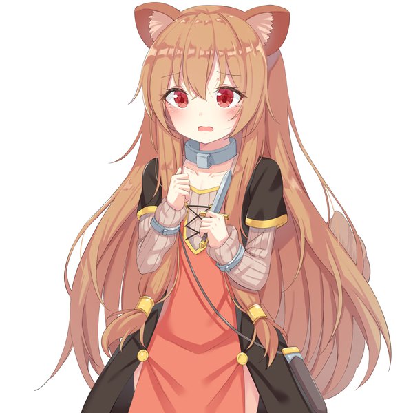 Anime picture 4000x4000 with tate no yuusha no nariagari kinema citrus raphtalia xue lu single long hair blush fringe highres open mouth simple background hair between eyes red eyes brown hair standing white background holding animal ears payot looking away
