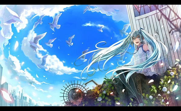 Anime picture 1161x714 with vocaloid hatsune miku kirinosuke single long hair blush open mouth smile wide image sitting twintails bare shoulders sky cloud (clouds) aqua eyes aqua hair letterboxed girl hair ornament flower (flowers)