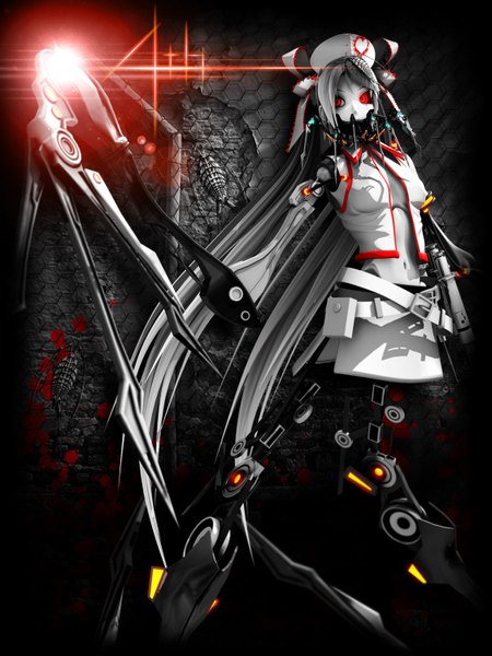 Anime-Bild 1125x1500 mit vocaloid bacterial contamination (vocaloid) hatsune miku calcium single tall image looking at viewer red eyes silver hair very long hair alternate costume alternate hairstyle pale skin nurse mechanical mechanical parts girl thighhighs skirt belt