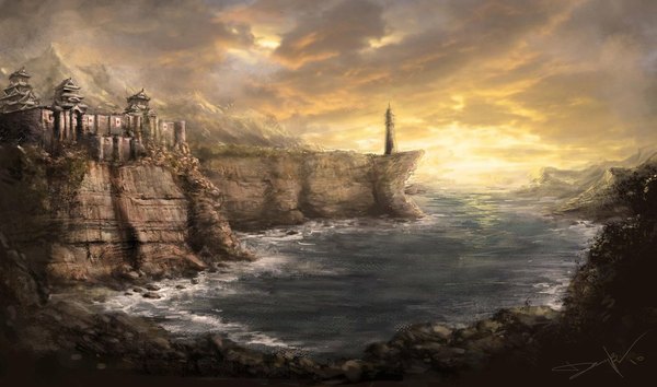 Anime picture 1163x687 with original tagme (artist) wide image sky cloud (clouds) outdoors mountain landscape plant (plants) tree (trees) sea castle lighthouse cliff