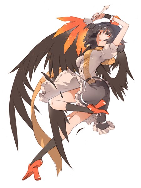 Anime picture 900x1196 with touhou shameimaru aya ichizen (o tori) single tall image short hair open mouth black hair simple background red eyes white background looking away black wings girl wings socks black socks feather (feathers) fan geta