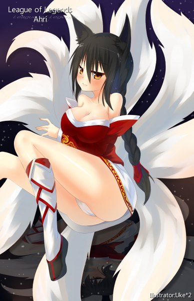 Anime picture 1721x2660 with league of legends ahri (league of legends) uke (artist) single long hair tall image looking at viewer blush highres breasts light erotic black hair large breasts brown eyes animal ears light smile pantyshot multiple tails girl
