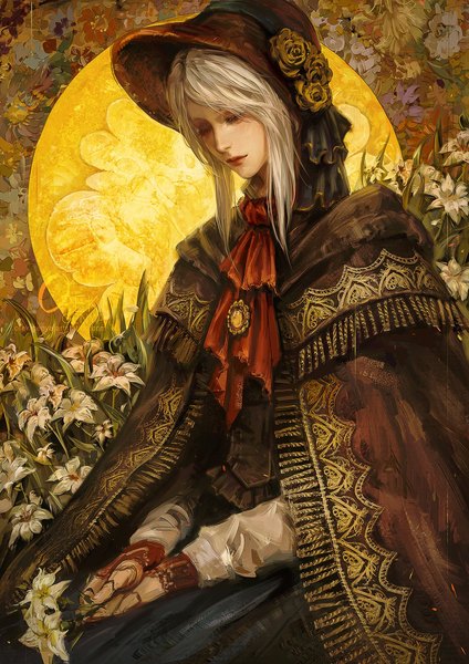 Anime picture 1200x1697 with bloodborne from software plain doll oreki genya single tall image short hair sitting signed white hair eyes closed girl flower (flowers) hat ascot brooch