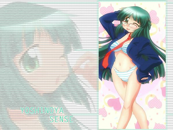 Anime picture 1024x768 with hidamari sketch shaft (studio) yoshinoya breasts light erotic green eyes green hair swimsuit bikini glasses necktie jacket tongue striped bikini