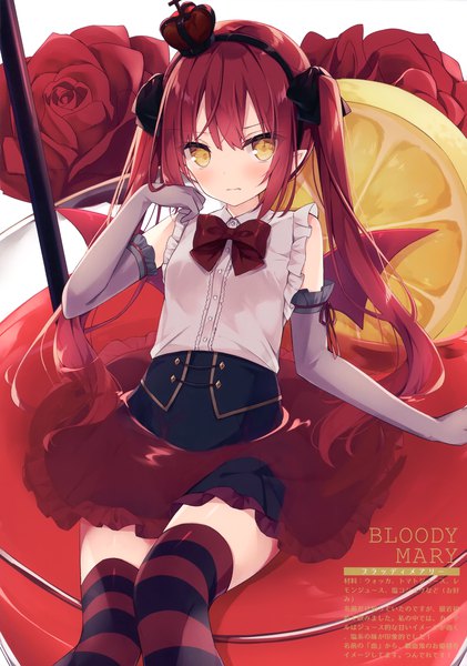 Anime picture 2116x3013 with original hoshi (snacherubi) single long hair tall image looking at viewer blush fringe highres hair between eyes sitting twintails yellow eyes payot red hair pointy ears scan fang (fangs) zettai ryouiki sleeveless