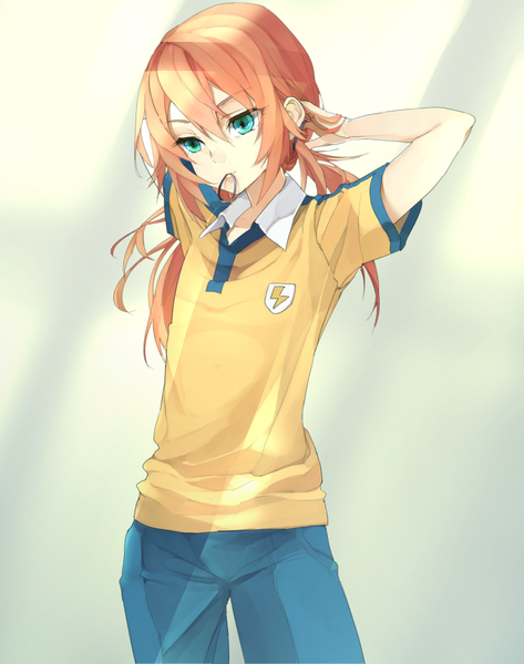 Anime picture 726x920 with inazuma eleven inazuma eleven go kirino ranmaru bunkyo takemi single long hair tall image fringe simple background blonde hair hair between eyes twintails holding payot aqua eyes grey background mouth hold low twintails adjusting hair looking down