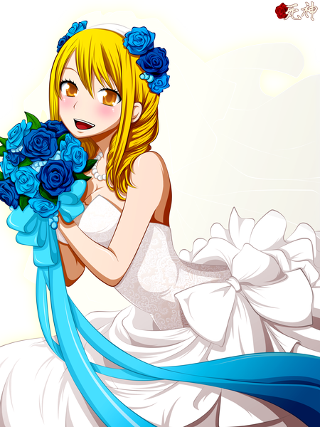 Anime picture 2385x3180 with fairy tail lucy heartfilia thecarrotsaysyumyum single long hair tall image blush highres open mouth blonde hair smile bare shoulders yellow eyes hair flower coloring transparent background wedding girl dress hair ornament