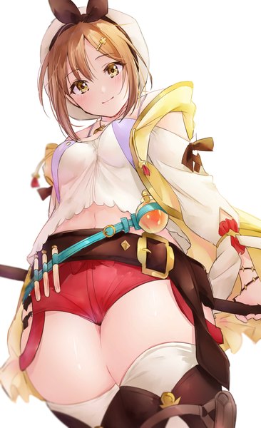 Anime picture 1354x2214 with atelier (series) atelier ryza gust (company) reisalin stout chigusa minori single tall image looking at viewer fringe short hair breasts light erotic simple background smile hair between eyes brown hair standing white background bare shoulders holding