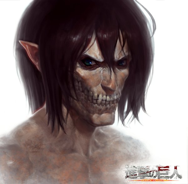 Anime picture 1224x1200 with shingeki no kyojin production i.g eren yaeger rogue titan sterlingtuttle single looking at viewer fringe short hair blue eyes black hair simple background white background pointy ears inscription teeth hieroglyph angry giant