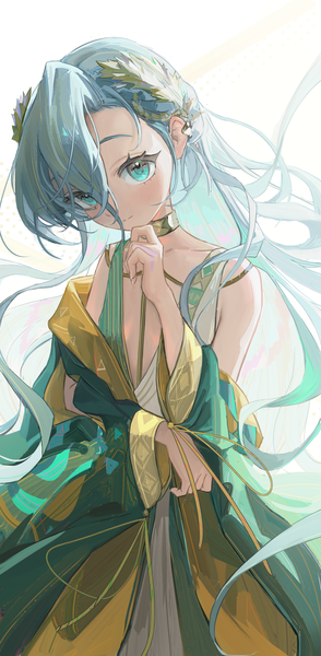 Anime picture 1034x2110 with reverse:1999 37 (reverse:1999) suso199 single long hair tall image looking at viewer fringe hair between eyes blue hair cleavage aqua eyes flat chest girl dress hair ornament