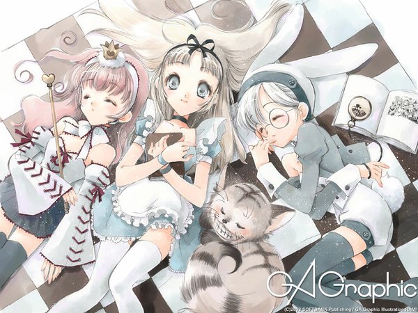 Anime picture 1024x768 with gagraphic blush fringe blue eyes blonde hair multiple girls pink hair bent knee (knees) white hair lying eyes closed from above sleeping checkered floor girl thighhighs dress detached sleeves glasses book (books)