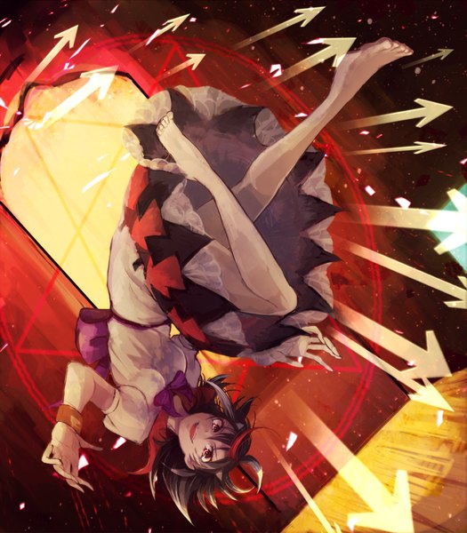 Anime picture 1000x1142 with touhou kijin seija towako (10wk0) single tall image short hair open mouth black hair red eyes looking away multicolored hair barefoot horn (horns) streaked hair magic upside down girl dress bracelet magic circle