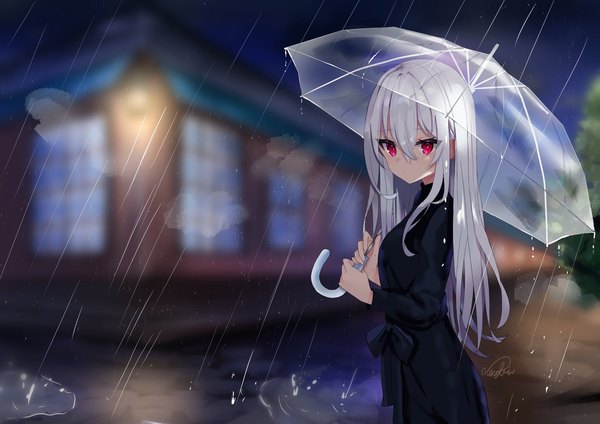 Anime picture 2048x1448 with original sinobi illust single long hair looking at viewer fringe highres hair between eyes red eyes standing holding silver hair outdoors blurry night depth of field night sky turning head rain exhalation