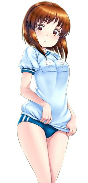 Anime picture 479x1000 with idolmaster hagiwara yukiho zizi (zz22) single tall image looking at viewer short hair open mouth light erotic simple background brown hair white background brown eyes hieroglyph girl uniform t-shirt gym uniform