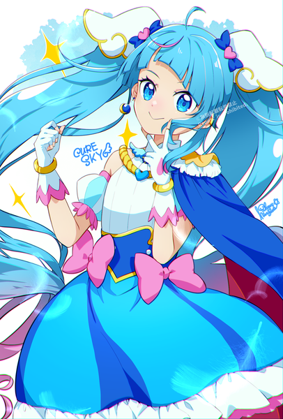 Anime picture 1200x1775 with precure hirogaru sky! precure toei animation sora harewataru cure sky hiragana sherry single tall image looking at viewer blue eyes smile twintails signed blue hair ahoge very long hair character names magical girl girl gloves