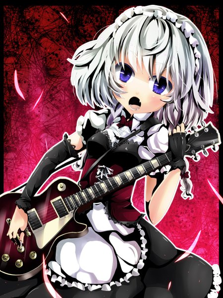 Anime picture 1200x1600 with touhou izayoi sakuya tall image open mouth purple eyes silver hair teeth maid fang (fangs) girl gloves hairband guitar
