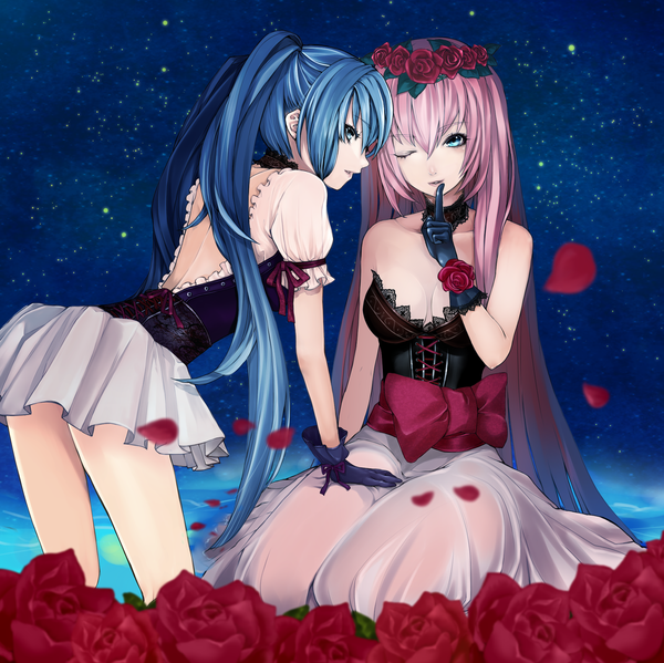 Anime picture 1896x1895 with vocaloid hatsune miku megurine luka settyaro long hair highres blue eyes light erotic twintails multiple girls blue hair pink hair one eye closed wink night girl dress gloves flower (flowers) 2 girls