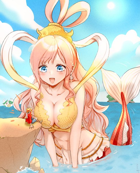 Anime picture 1300x1600 with one piece toei animation monkey d. luffy shirahoshi yyxw5385 long hair tall image blush breasts open mouth blue eyes light erotic large breasts sitting pink hair sky cloud (clouds) :d arm support hand on head