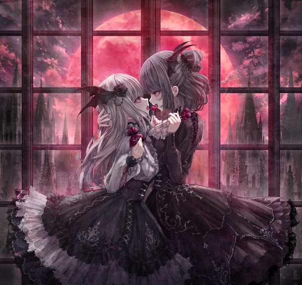 Anime picture 1734x1637 with original missle228 long hair highres short hair red eyes multiple girls cloud (clouds) eyes closed long sleeves nail polish profile grey hair halloween head wings lolita fashion goth-loli gothic red moon girl