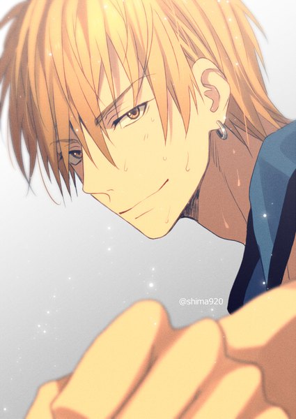 Anime picture 600x847 with kuroko no basket production i.g kise ryouta mashima shima single tall image looking at viewer fringe short hair simple background blonde hair hair between eyes signed yellow eyes light smile grey background sweat piercing outstretched arm ear piercing
