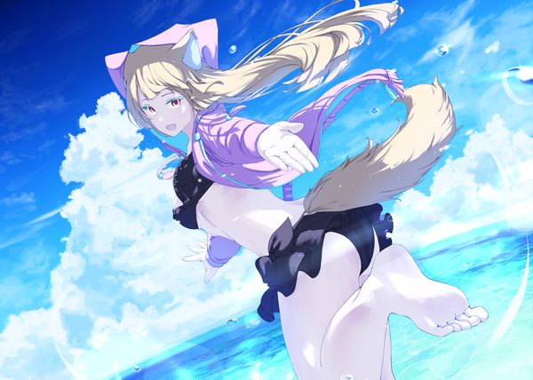 Anime picture 2718x1943 with original mikisai single long hair looking at viewer fringe highres breasts open mouth light erotic red eyes animal ears sky cloud (clouds) ass outdoors white hair tail :d animal tail