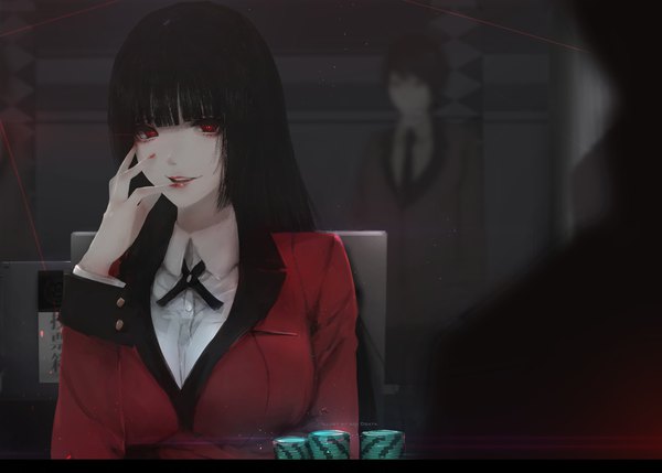 Anime picture 4507x3227 with kakegurui jabami yumeko suzui ryouta aoi ogata long hair looking at viewer fringe highres breasts open mouth black hair smile red eyes large breasts sitting signed absurdres indoors blunt bangs very long hair