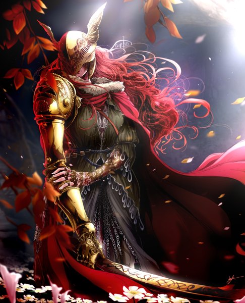 Anime picture 3080x3800 with elden ring malenia blade of miquella ediptus single long hair tall image highres standing signed absurdres red hair wavy hair blindfold girl flower (flowers) weapon leaf (leaves) cape helmet prosthesis