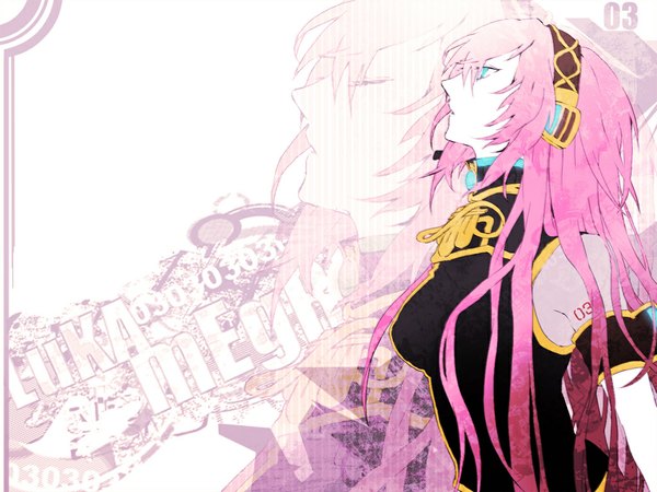 Anime picture 1024x768 with vocaloid megurine luka arisaka ako single long hair fringe payot pink hair upper body eyes closed parted lips profile aqua eyes wallpaper character names looking up zoom layer girl headphones number (numbers)