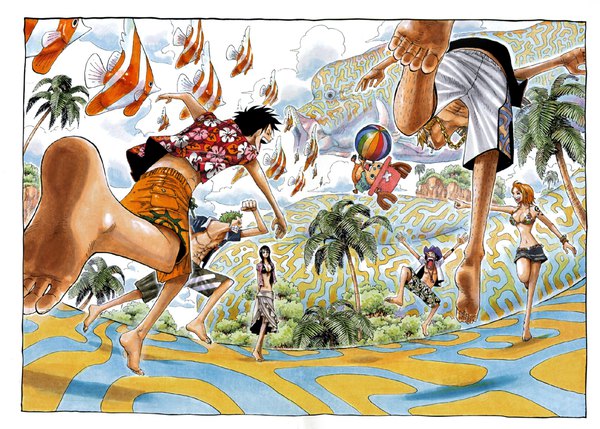 Anime picture 1959x1402 with one piece toei animation nami (one piece) monkey d. luffy nico robin roronoa zoro sanji tony tony chopper usopp oda eiichirou long hair highres short hair breasts open mouth black hair blonde hair smile standing bare shoulders
