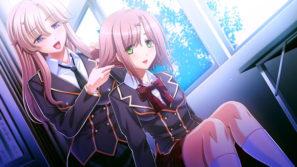 Anime picture 1280x720 with gakuen de jikan yo tomare tagme (character) tagme (artist) long hair looking at viewer blush short hair open mouth blonde hair smile brown hair wide image purple eyes multiple girls green eyes game cg classroom girl skirt uniform