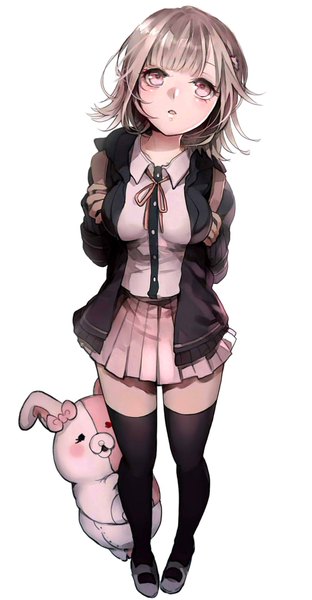 Аниме картинка 1040x1999 с опровергающая пуля super dangan ronpa 2 нанами чиаки monomi ayatoki-1 один (одна) высокое изображение румянец чёлка короткие волосы грудь простой фон белый фон держать всё тело розовые глаза :о девушка чулки юбка